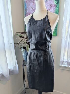 FX SHAPES 1990'S BLACK LEATHER HALTER STYLE MINI DRESS.